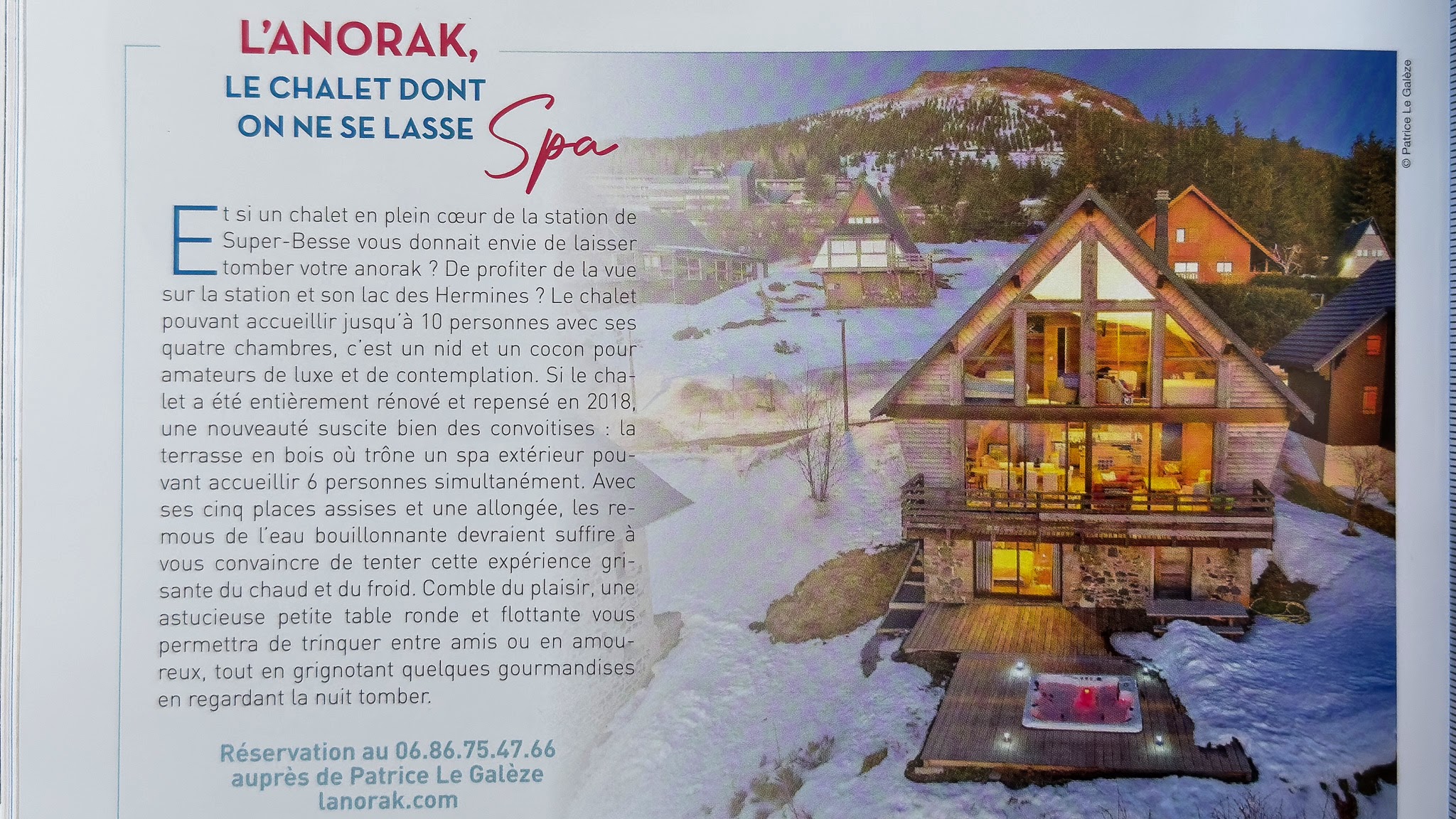 Revue Massif Central, article sur le Chalet Cascade, chalet Spa à Super Besse